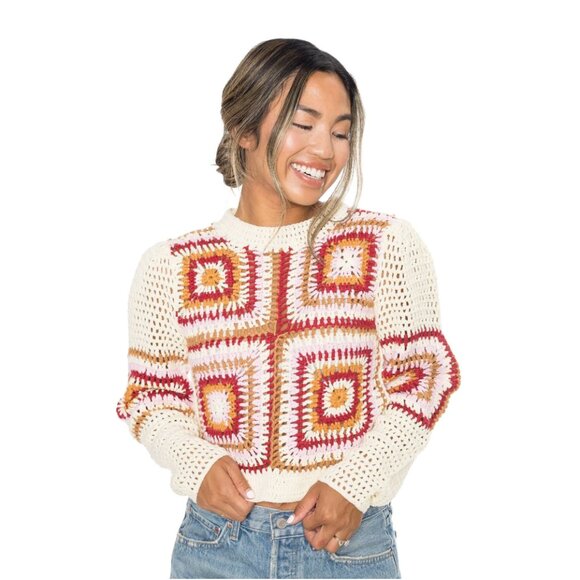 MinkPink Norah Crochet Sweater Womens XS Cream Pink Red Crew Neck Long Sleeve - Picture 2 of 11